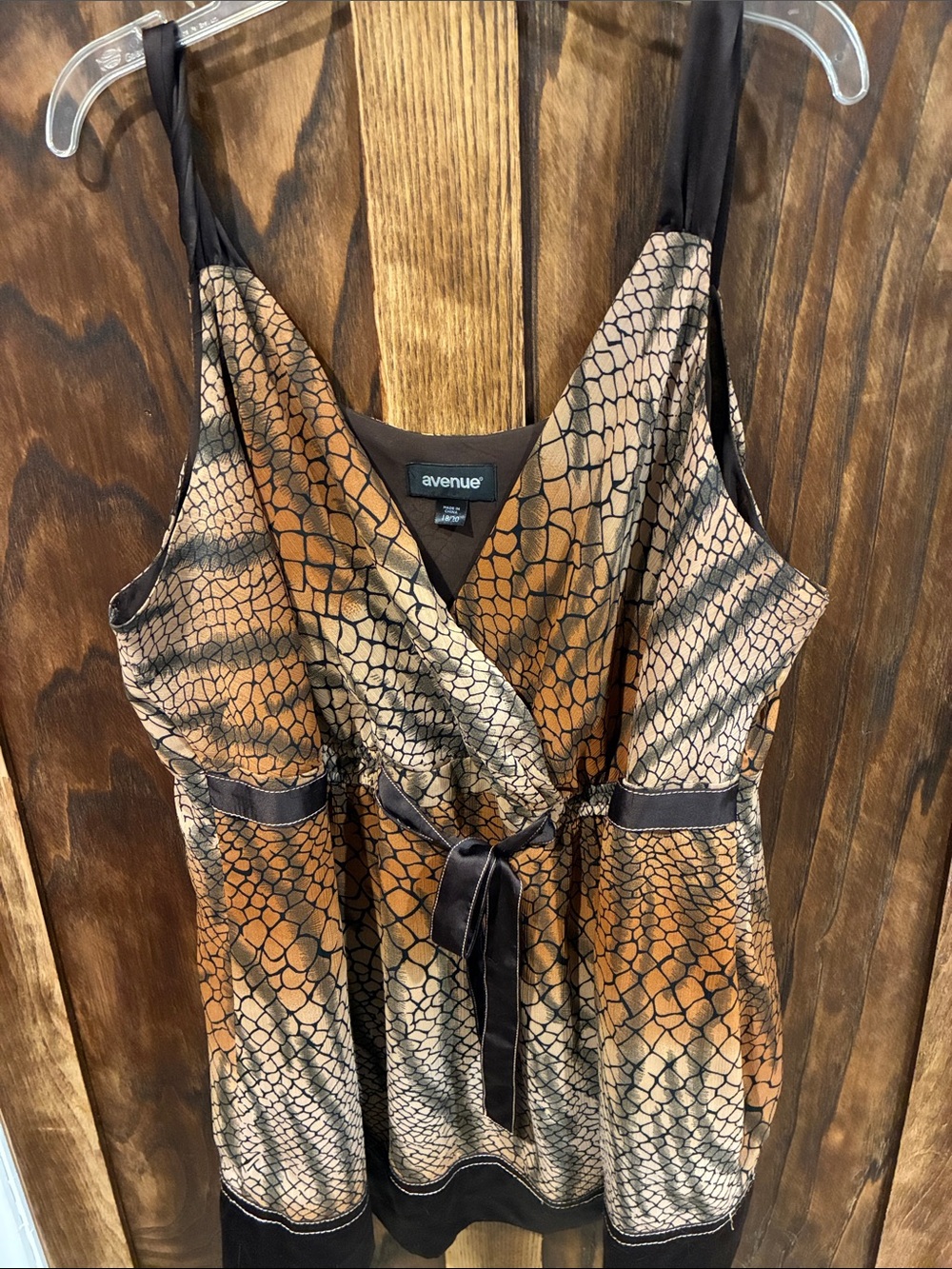 Avenue Brown and Black Snake-Print Satin Tie-Front Tank